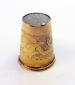 Chinese (?) gold-coloured metal and jade set thimble,  engraved with dragon/serpent