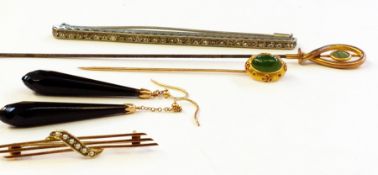 9ct gold and seed pearl bar brooch, gold stickpin, set with cabochon green stone, cased, green stone