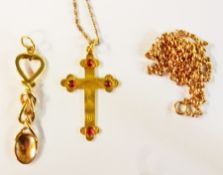 Welsh gold loving spoon charm, two fine gold chains, gold cross, 9ct gold kerb link chain, pendant