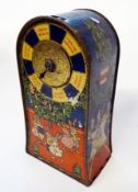 Jacob & Co. biscuit tin/moneybox in the form of a fortune-telling clock case, decorated with rabbits