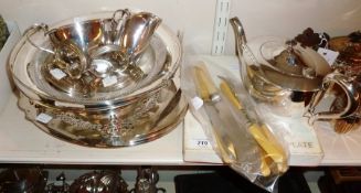 Quantity of silver plate, including: teapot, sugar bowl, cream jug, serving dish, a handled fruit