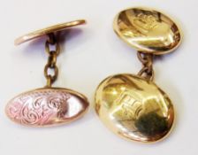 Pair 18ct gold double oval and chain cufflinks, engraved with initial "D" and another pair double