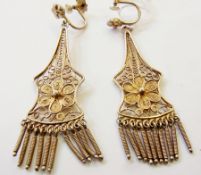 Pair foreign silver-coloured metal gilt pendant drop earrings, pierced filigree design, 800 mark