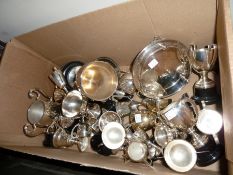 Large collection of silver plate trophy cups, many with bases, and other items (1 box)