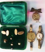 Lady's 9ct gold watch on bow suspension brooch, another lady's watch, Longines watch, pair plated