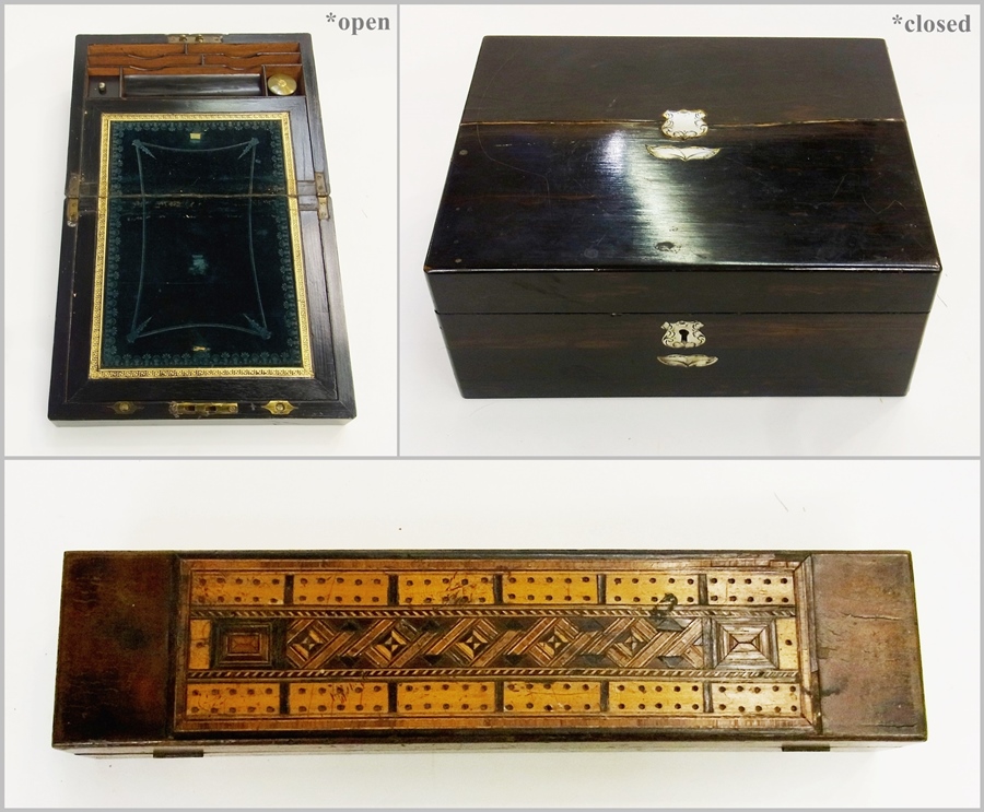 Victorian ebonised wooden writing box with fitted interior, 30cm wide and a parquetry inlaid