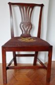 Set six Georgian mahogany dining chairs, with shaped top rail, pierced vase splat, wool work