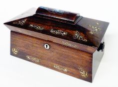 Mahogany tea caddy, with mother-of-pearl inlays, with three rectangular compartments to the
