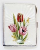 1950's silver enamel cigarette case, white enamel to front decorated with tulips, Birmingham 1959,