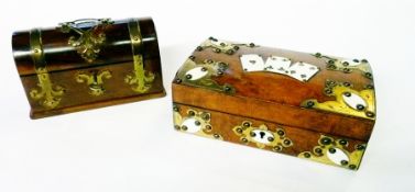 A Victorian walnut games card box, with ivory relief card decoration to top and brass decoration