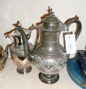 Silver plated chocolate pot, pineapple finial, with a pewter, engraved coffee pot (2)