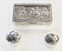 Foreign silver coloured metal snuff box, decorated with figures on horseback to the lid and two