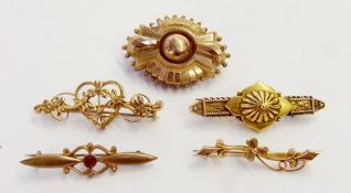 Three gold-coloured metal bar brooches, gold-coloured metal brooch with locket to back and another