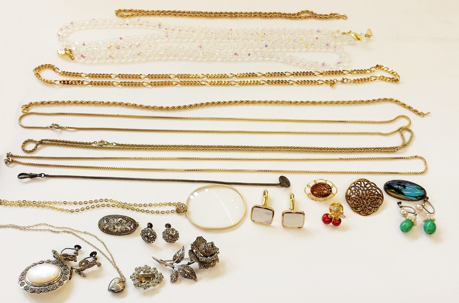Quantity of costume jewellery  including:- marcasite floral spray brooch, crystal necklace, gilt