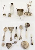 Continental silver-coloured metal tea strainer of bucket form with turned mother-of-pearl handle,