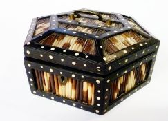 Oriental wooden sewing box, of hexagonal form, with bamboo inlays, 23cm diameter approx.