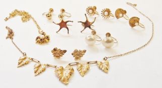 Quantity gold earrings and other gold-coloured metal jewellery, some set with stones and pearls