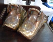 Pair antique Spanish or South American brass stirrups, decorated with brass figures wearing