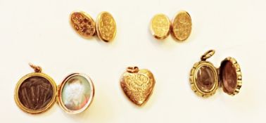9ct gold heart-shaped gold plated locket, pair 9ct gold scroll engraved chain pattern cufflinks