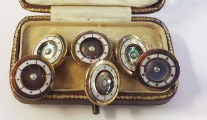Six enamel, mother-of-pearl and seed pearl stud buttons, with a small leather brooch box