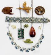 Enamelled pierced floral diamante set bracelet, agate pendant and Celtic style and malachite-