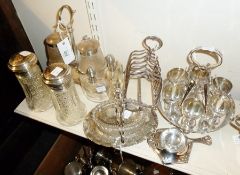 Quantity of silver plated items, including an egg cup stand, with six cups, six spoons, pierced