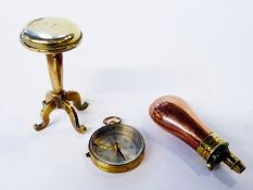 Selection of small brass and copper items, comprising: brass compass, brass miniature occasional