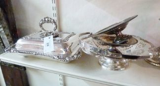 Unmarked rectangular silver plate entree dish and lid, with gadrooned and scallop shell border, with