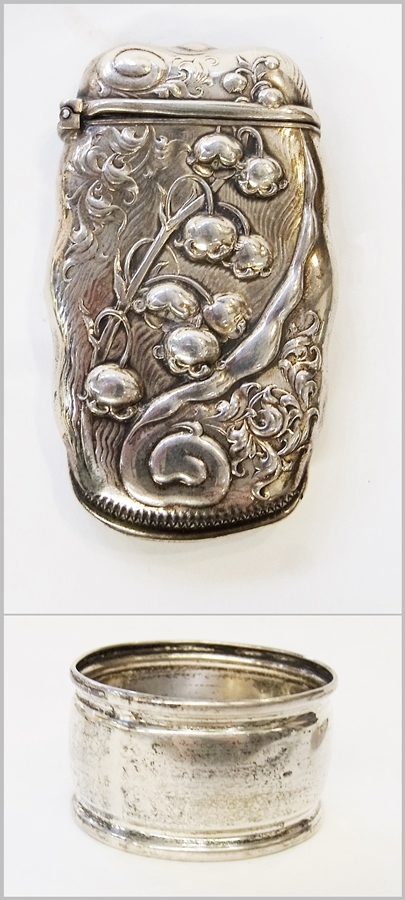 Continental silver-coloured vesta case, rectangular and shaped repousse with harebells and a plain