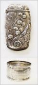 Continental silver-coloured vesta case, rectangular and shaped repousse with harebells and a plain