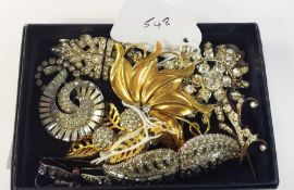 Quantity of vintage diamante brooches, pair of marcasite and faux pearl earrings and a gilt metal