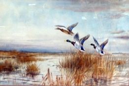 Watercolour
Roland Green
"Daybreak on the Marshes", landscape scene depicting ducks on marshland,