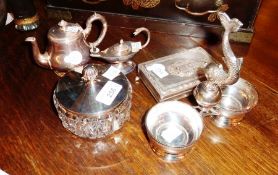 Christofle silver plated individual teapot, small Aladdin type lamp, two-section dish, trinket box