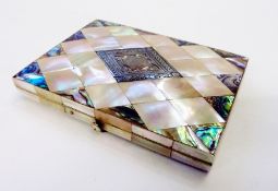 Mother-of-pearl and shell fold-out card case, lozenge pattern, silver-coloured metal lozenge to