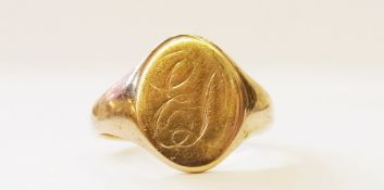 9ct gold signet ring, oval, engraved, approx 4g