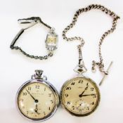 Two button winding pocket watches, one marked "Ingersoll Ltd, London" and the other marked "Alpina",