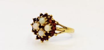 9ct gold, opal and garnet cluster ring, set four opals surrounded by garnets