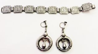 Pair silver drop earrings, pierced, maker "P & T", a Scandinavian white metal bracelet with square