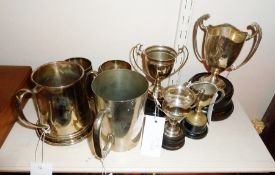 Selection of silver plate mugs and trophies, various sizes, (8)