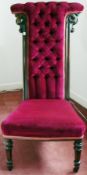 Victorian prie dieu chair, having deep button upholstery in crimson velvet type fabric