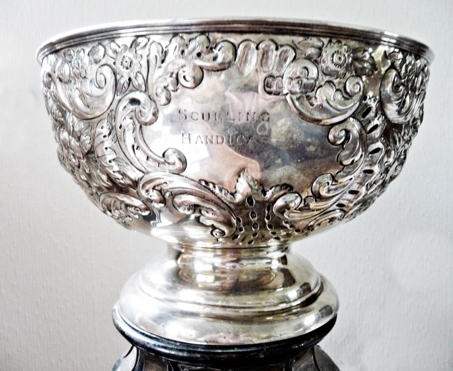Silver rose bowl sporting trophy, Chester 1904, all-over floral and foliate repousse decoration