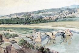 Watercolour
Frank Buist R.A.
River scene with bridge ruin, 27 x 37cm