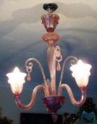 Venetian style pink glass three flute chandelier