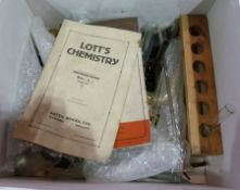 Lott's chemistry set, with instructions, to include spirit burner, glass flasks, funnel, Bunsen