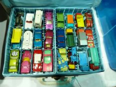 Matchbox series collectors case, No 421, containing cars, lorries, hovercraft etc