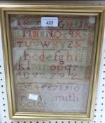 Sampler
Mary Smith, October 9th 1818, with the alphabet and numbers to 10, framed, with a photograph