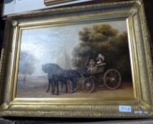 Oil on canvas
After George Stubbs
A lord and lady in a phaeton drawn by two fine bay horses in a