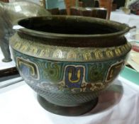 A Chinese bronze cloisonne bowl with multi coloured enamel decoration raised on a circular foot, dia