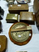 Tunbridgeware rectangular box, brass box and a floral inlaid box with a circular brass wall plaque