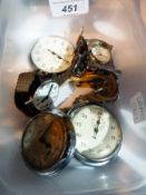 Three pocket watches, gentleman's wristwatch with brown strap and a small travel mantel clock (5)